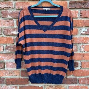 GAP Y2K Striped V-Neck Dolman Sleeve Sweater Navy Brown Womens L
